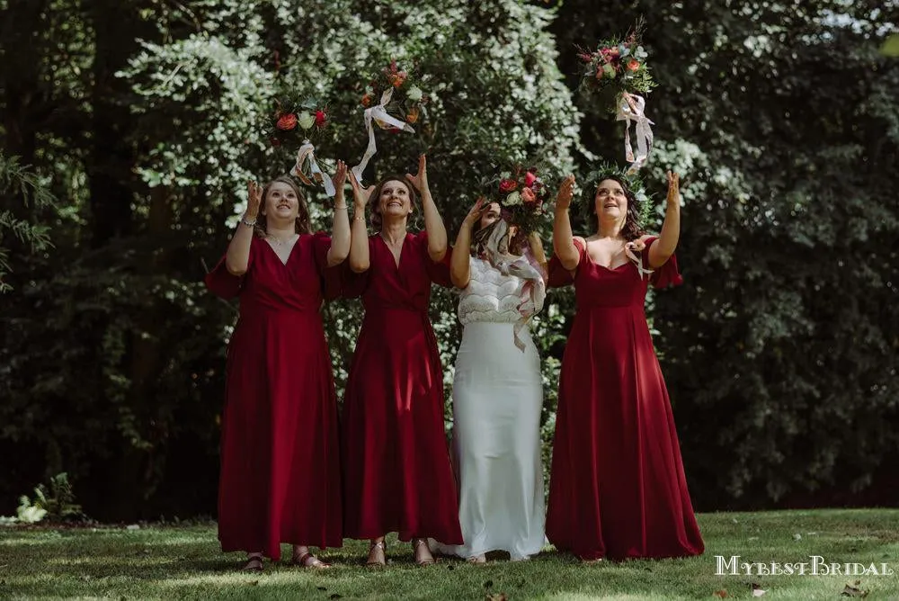 Mismatched Burgundy Chiffon Charming Cute Floor-Length Long Cheap Bridesmaid Dresses, TYP0103