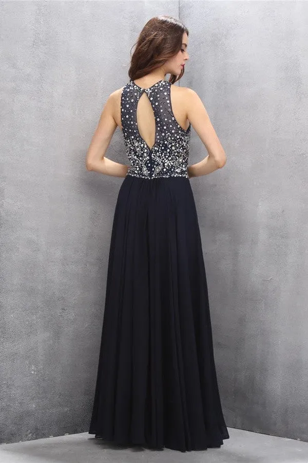 Modest Black Chiffon Beading Charming Long Prom Dress K620