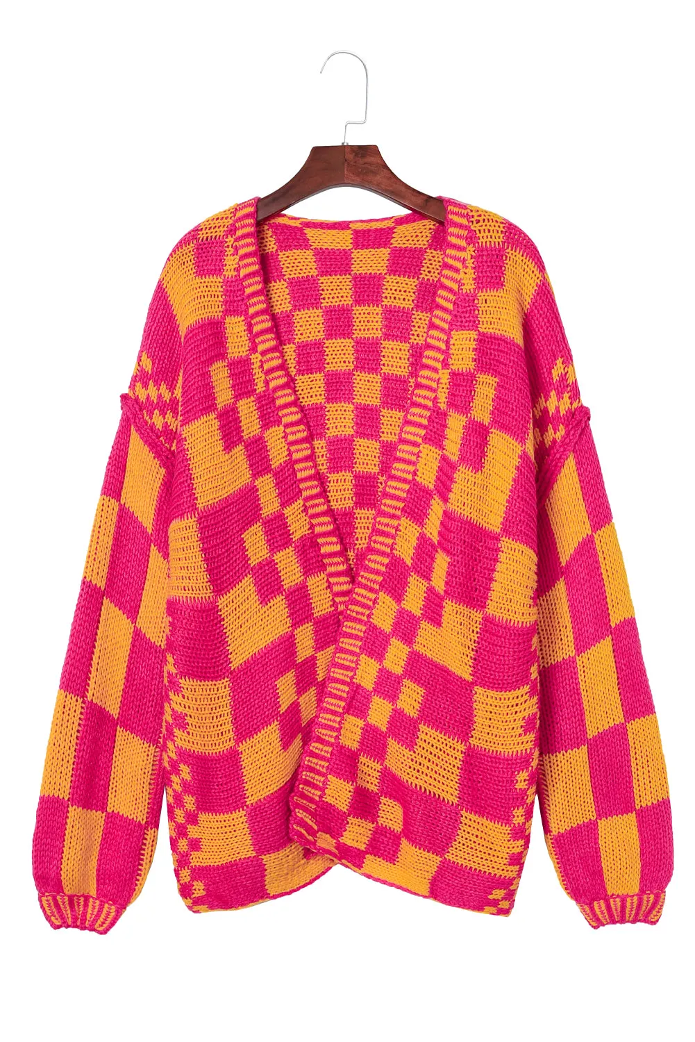 Multicolor Open Front Mixed Checkered Pattern Knit Cardigan