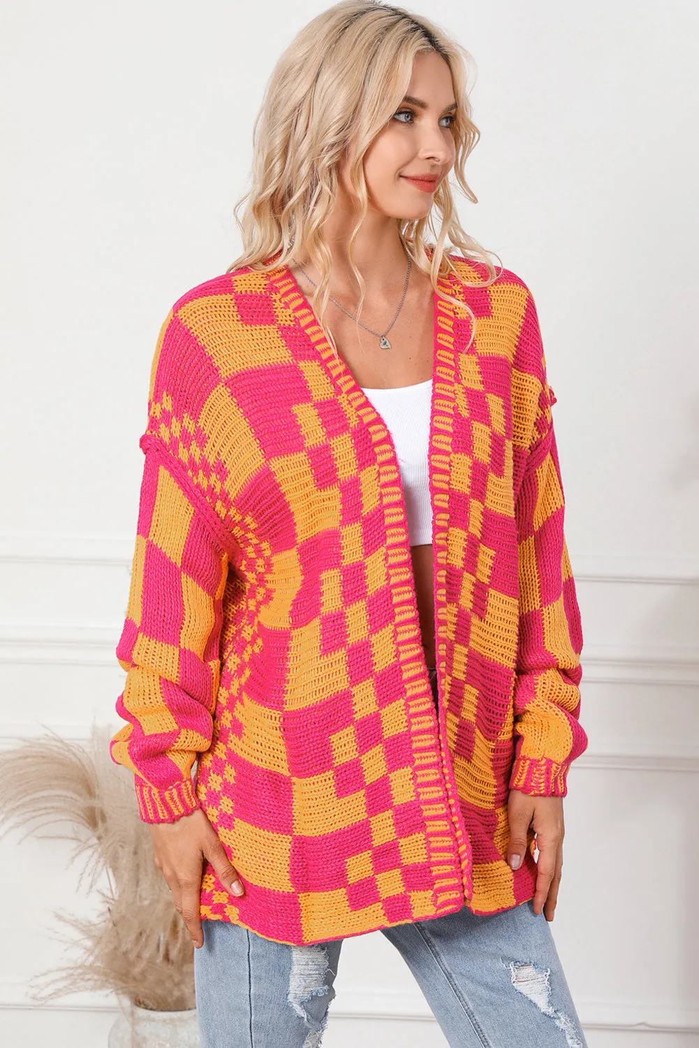 Multicolor Open Front Mixed Checkered Pattern Knit Cardigan