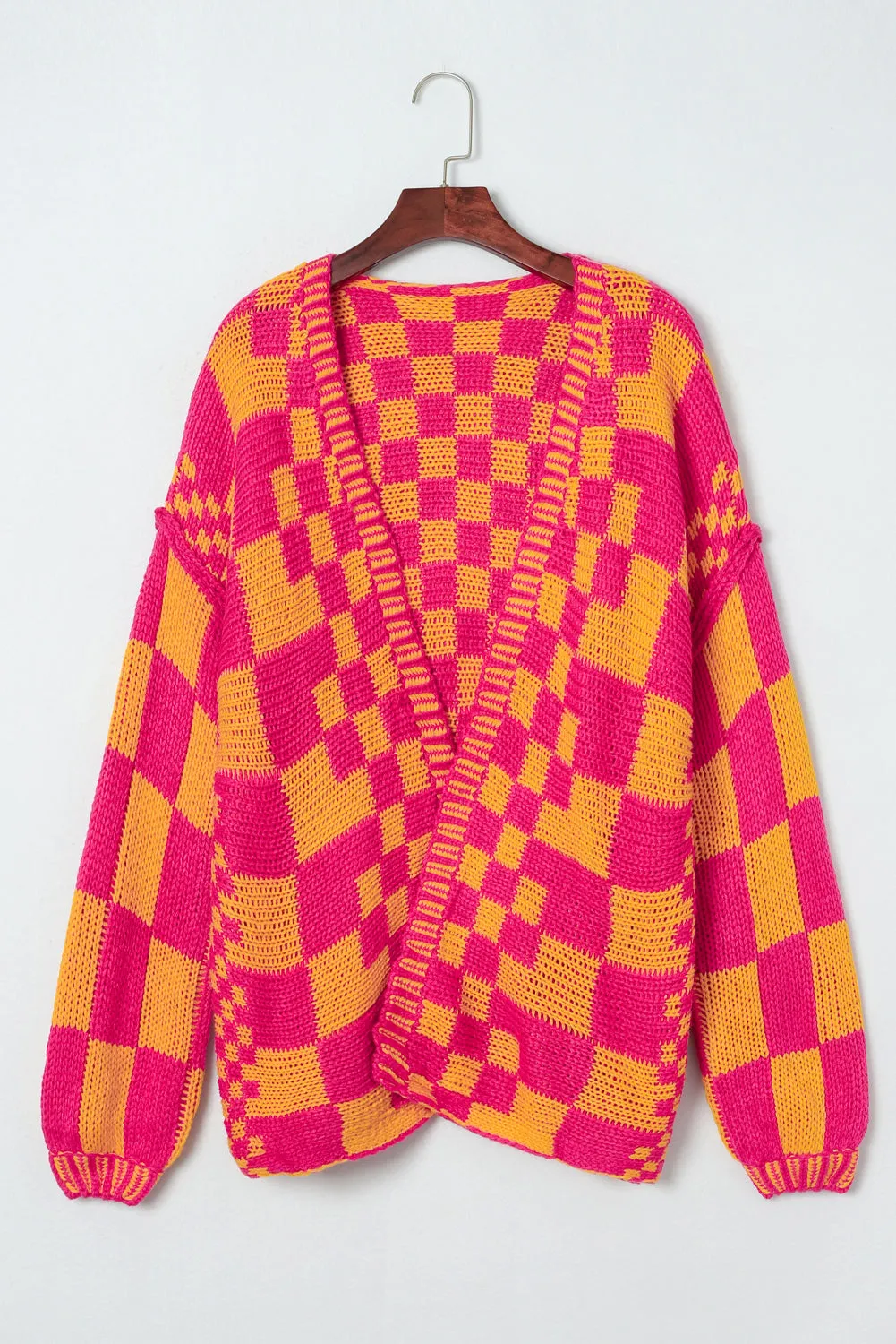 Multicolor Open Front Mixed Checkered Pattern Knit Cardigan