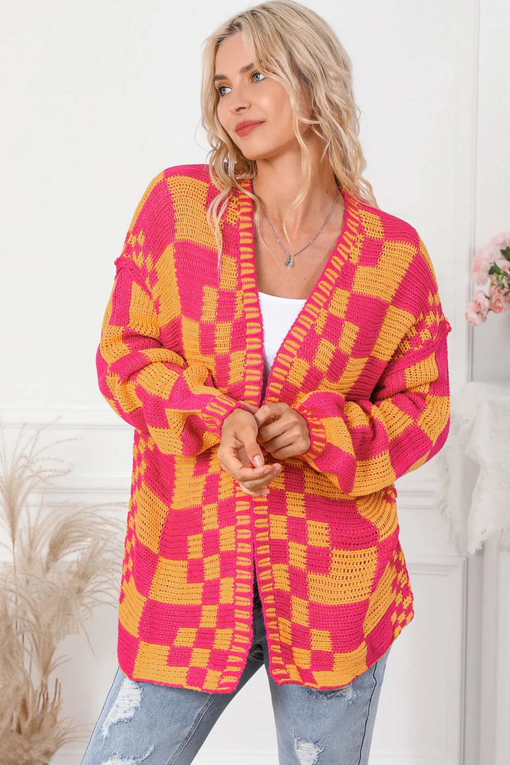 Multicolor Open Front Mixed Checkered Pattern Knit Cardigan