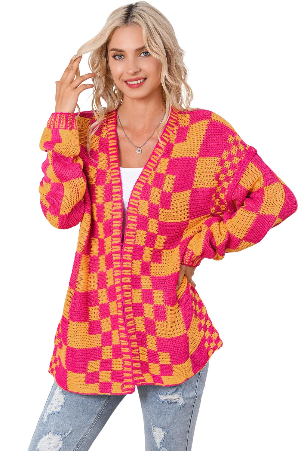 Multicolor Open Front Mixed Checkered Pattern Knit Cardigan