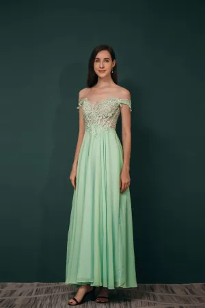 Off The Shoulder Charming Long Chiffon Prom Dresses With Appliques