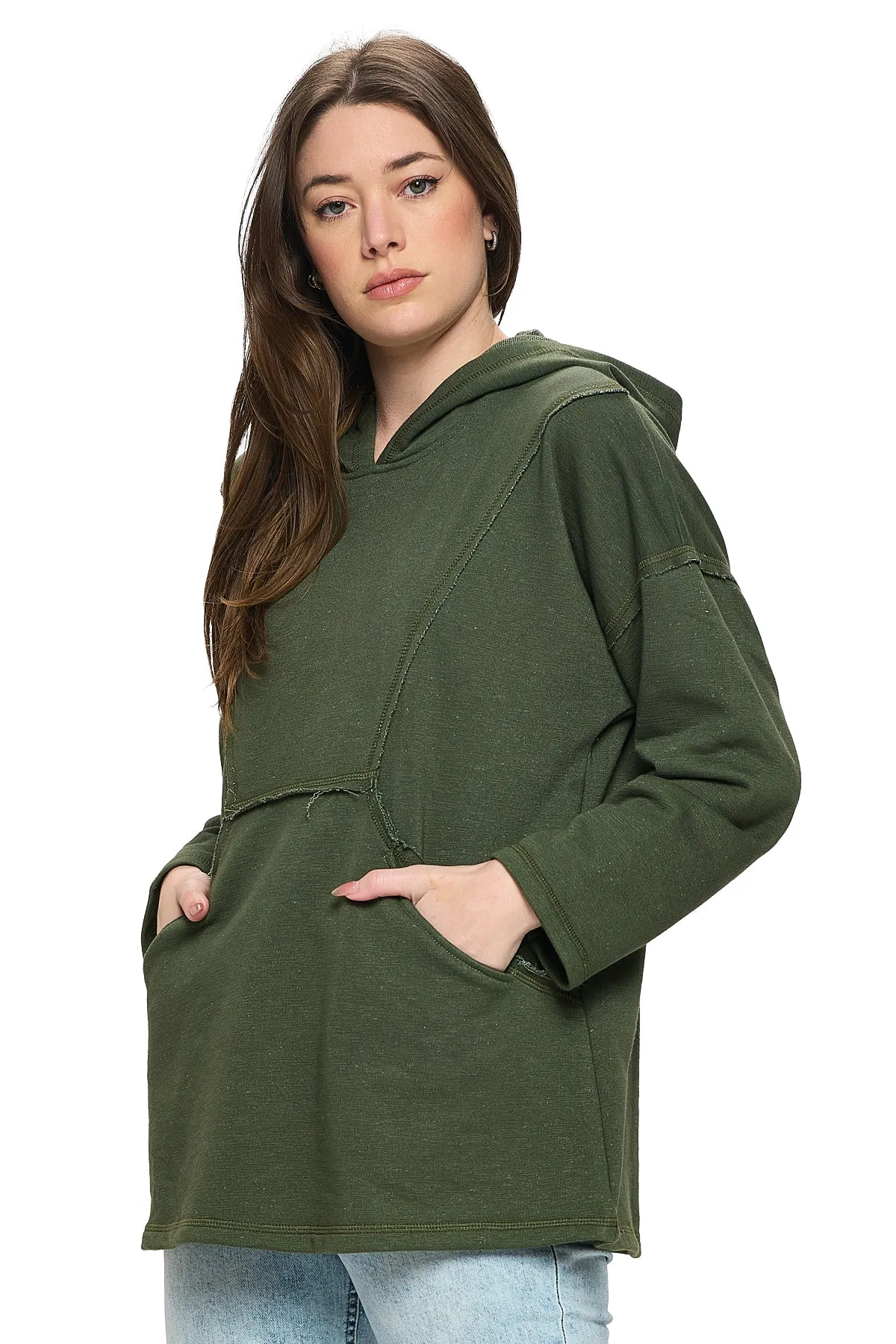 Olive Hoodie Casual Patchwork Front Pockets