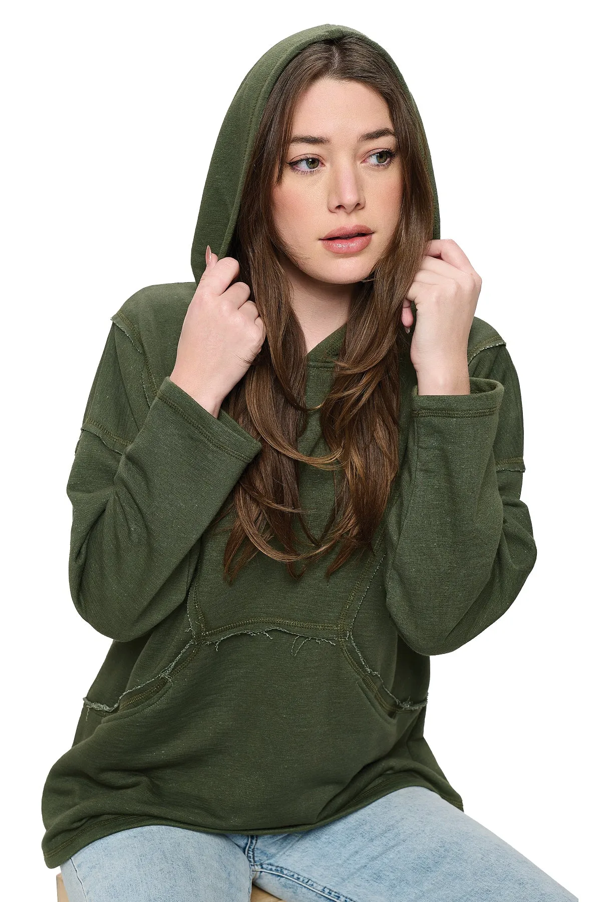 Olive Hoodie Casual Patchwork Front Pockets