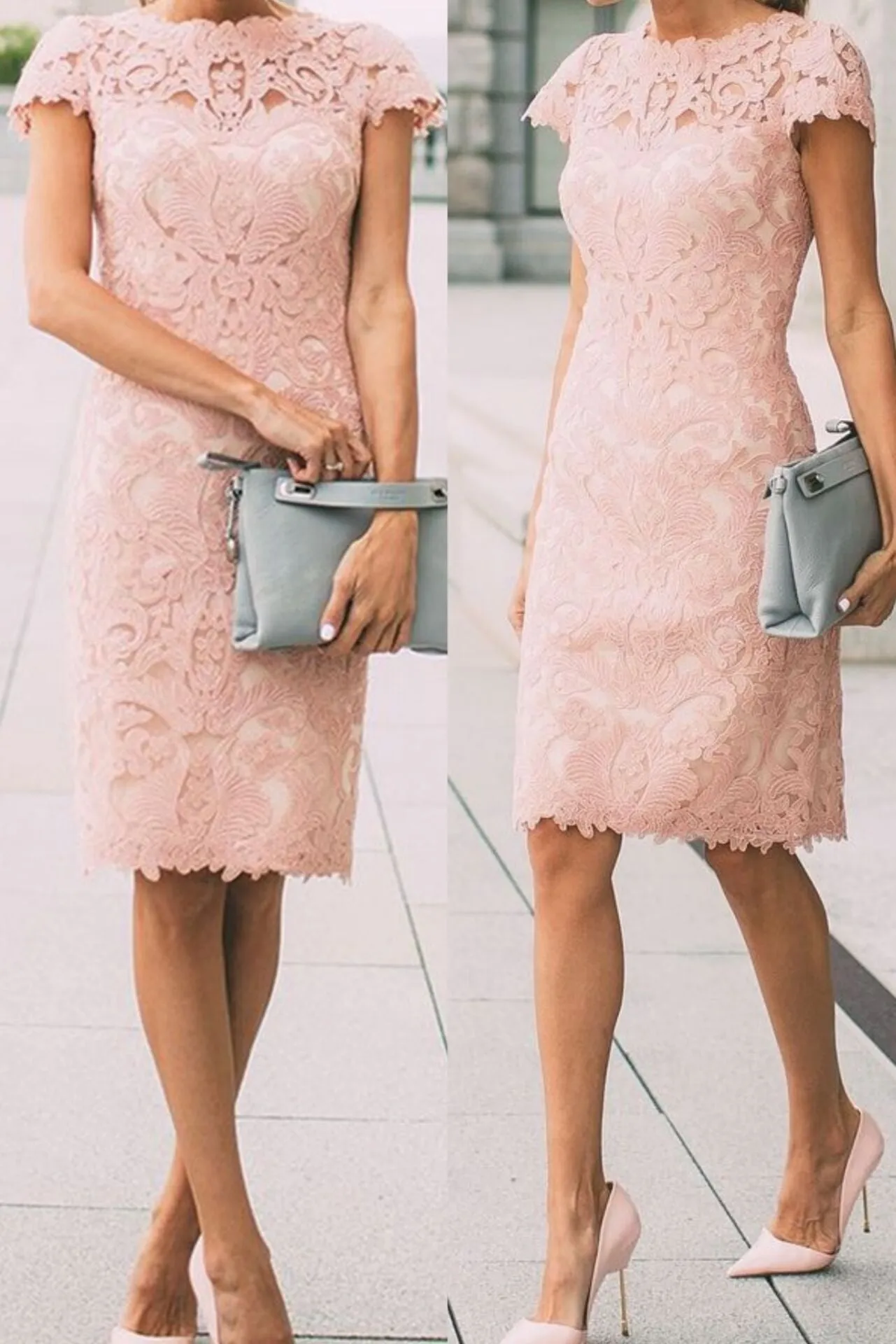 Pink Short-Sleeves Knee-Length Lace Prom Dress Bridesmaid Dress