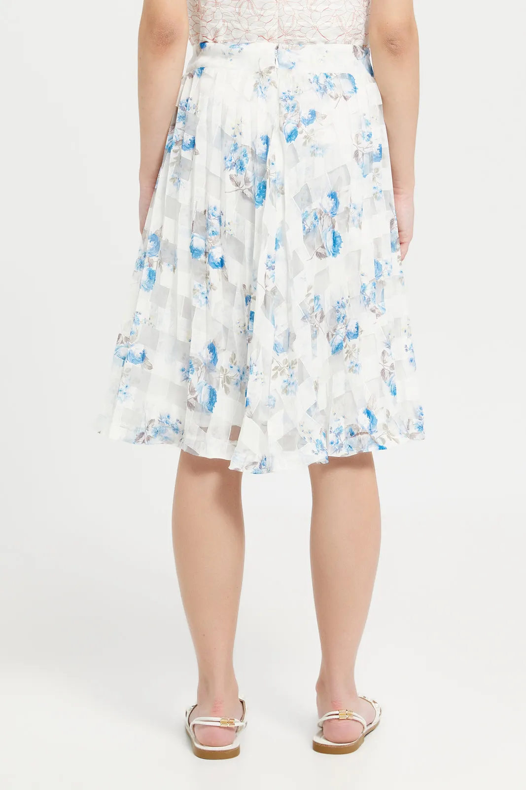 Senior Girls Flared Blue And White Floral Organza Skirts