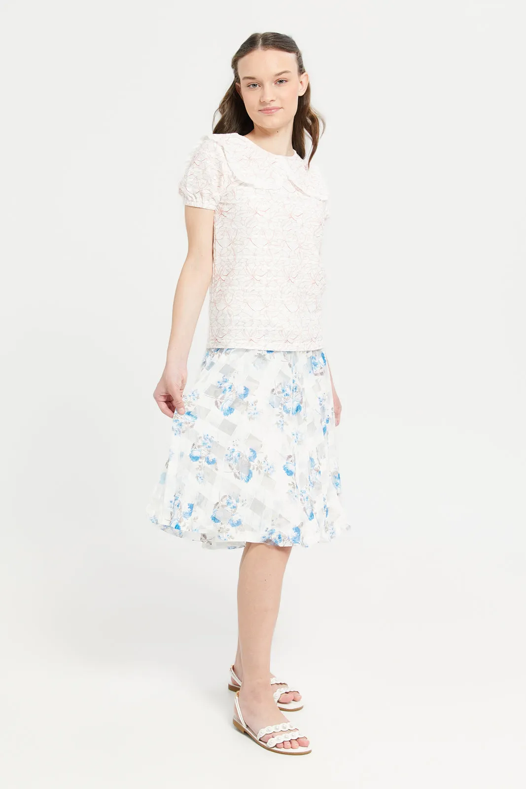 Senior Girls Flared Blue And White Floral Organza Skirts