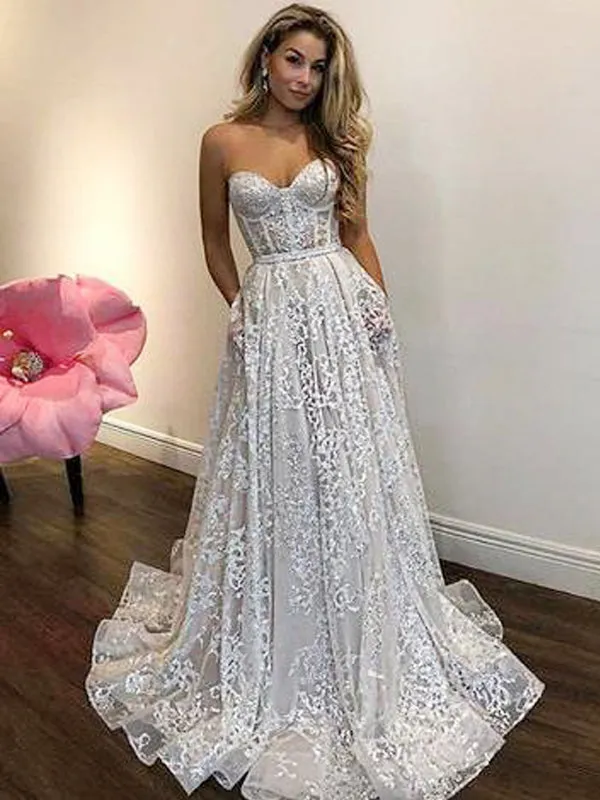 Shiny Lace Strapless A-line Charming Wedding Dresses, AB1517