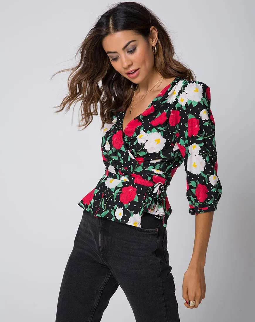 Shon Wrap Top in Polka Rose Black