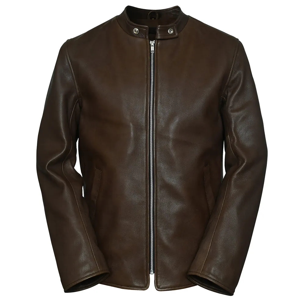 Snap Button Collar Desire Brown Leather Jacket