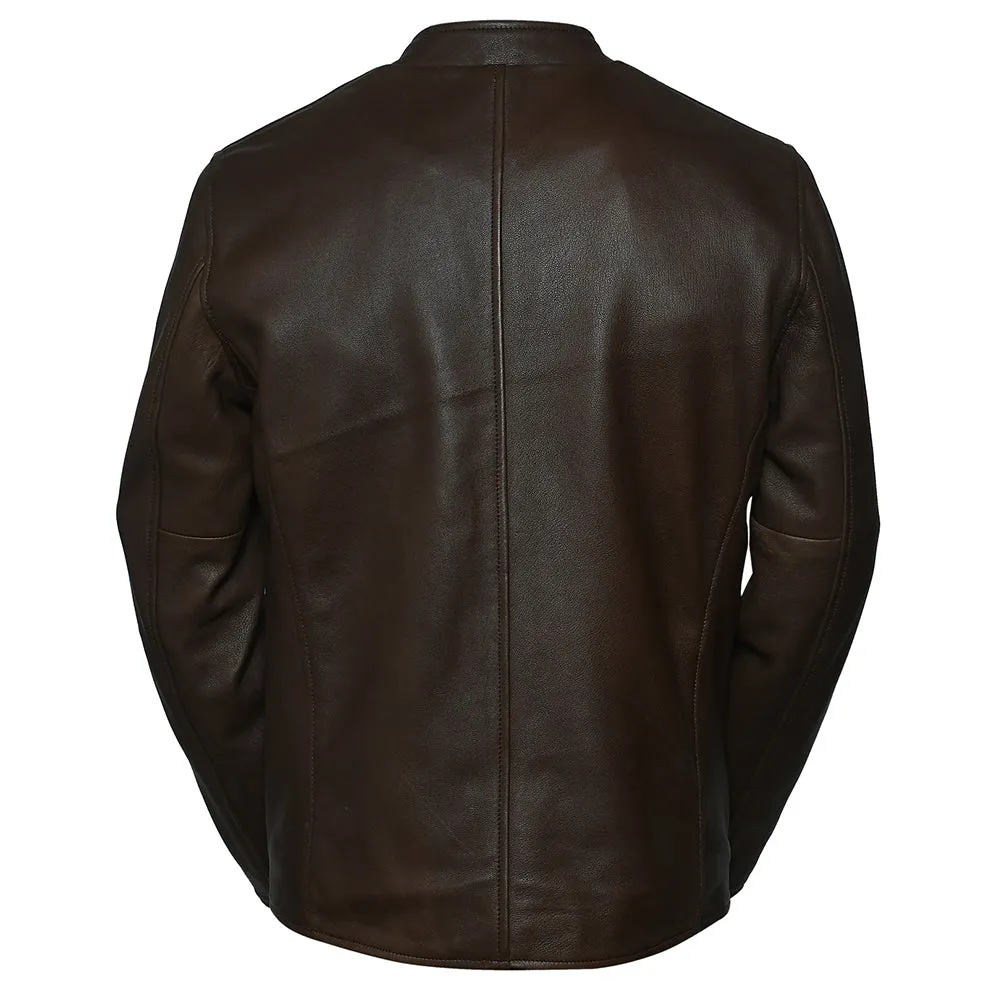 Snap Button Collar Desire Brown Leather Jacket