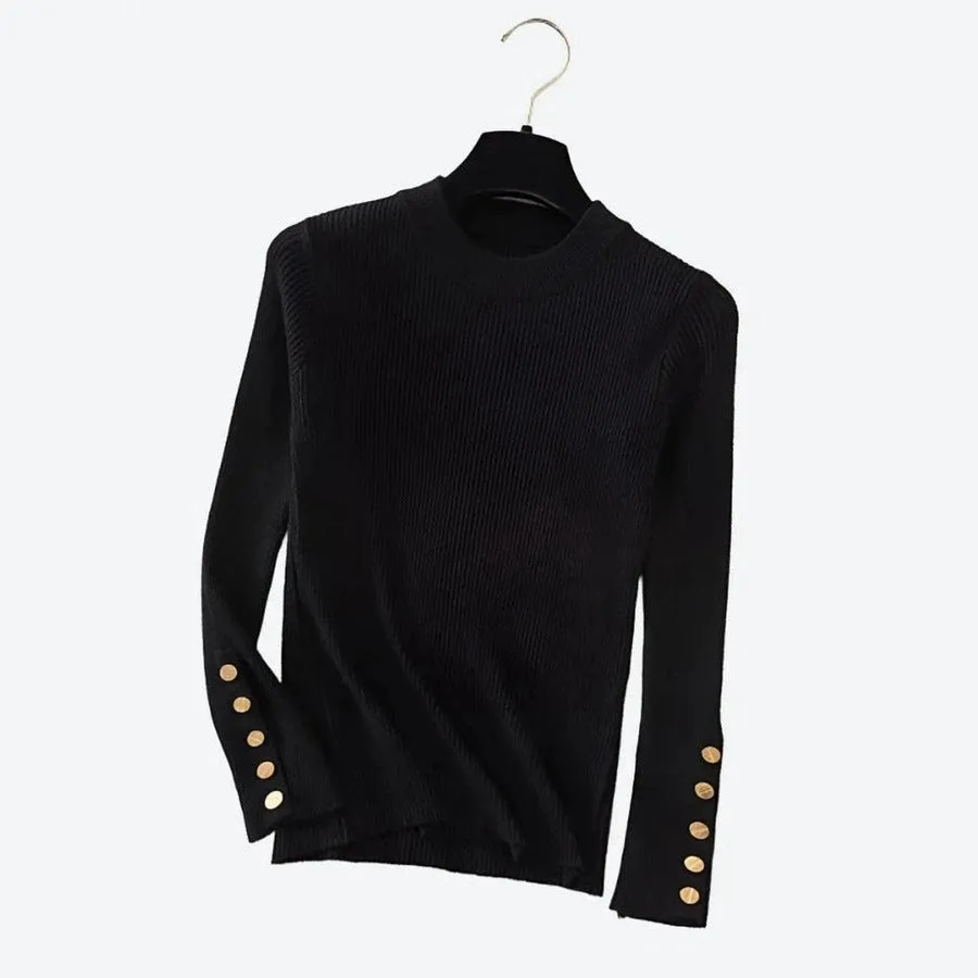 Trendy Button-Sleeve Ribbed Knit Sweaters