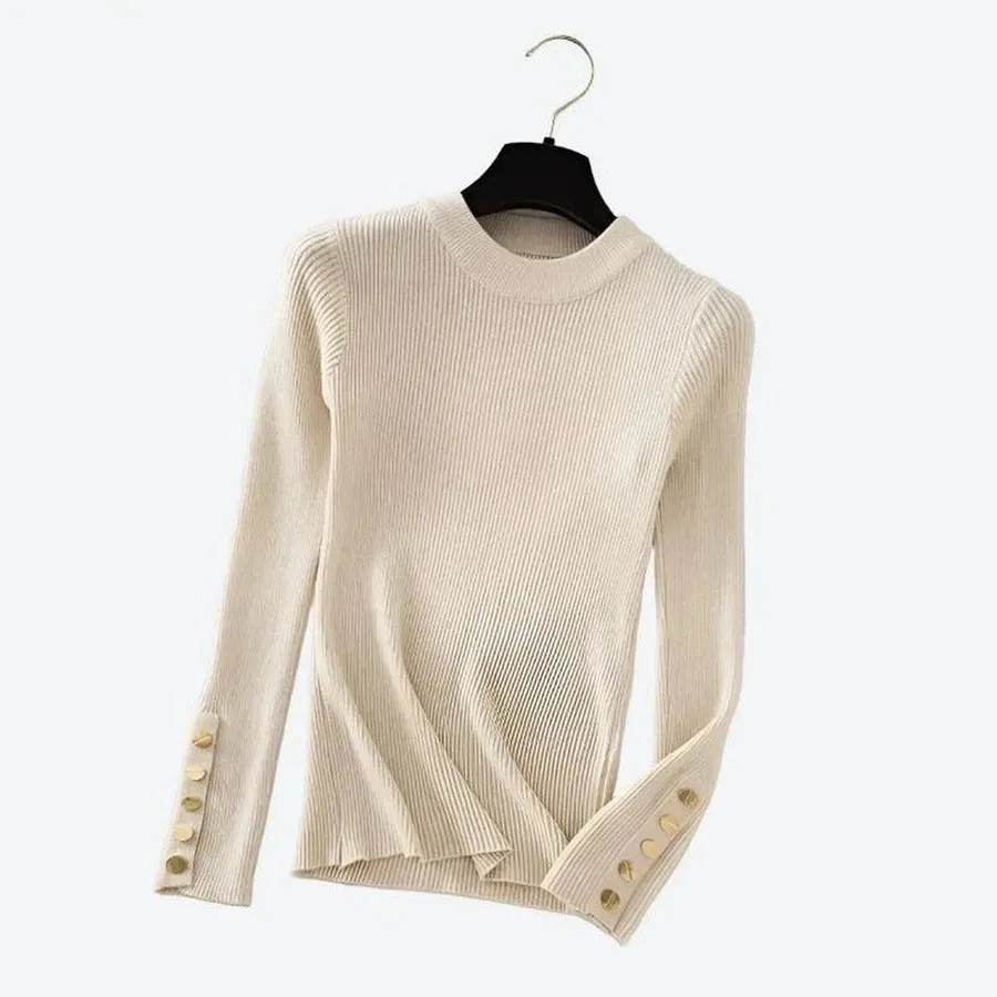 Trendy Button-Sleeve Ribbed Knit Sweaters