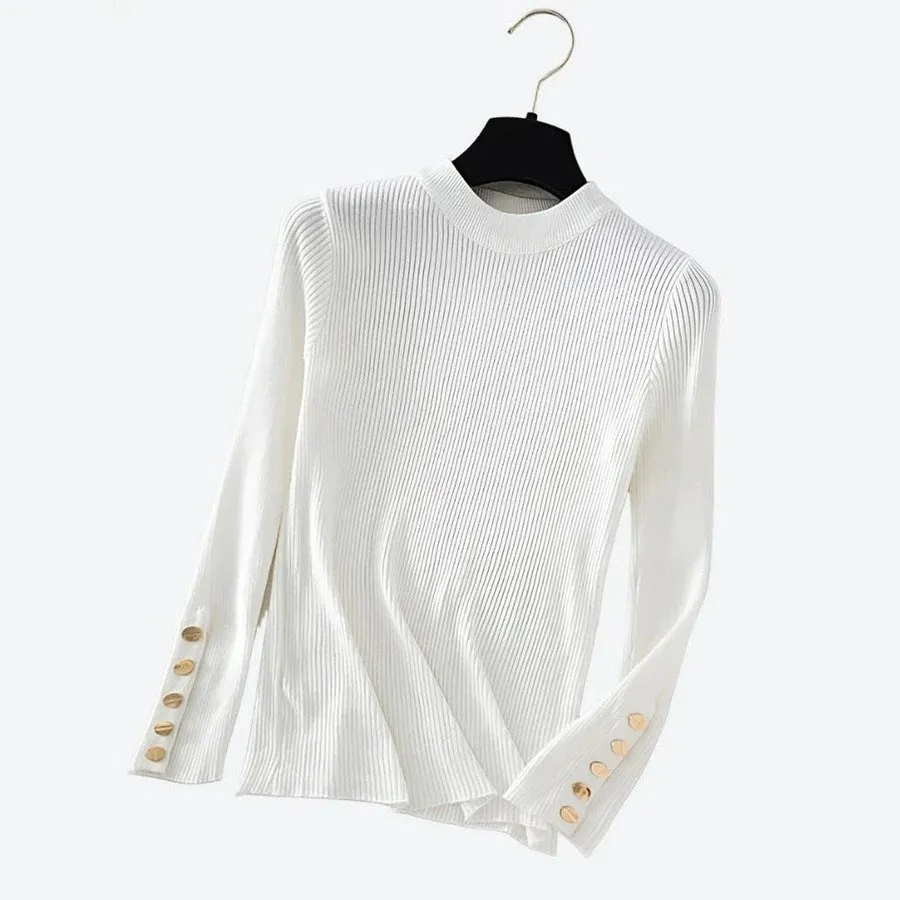 Trendy Button-Sleeve Ribbed Knit Sweaters