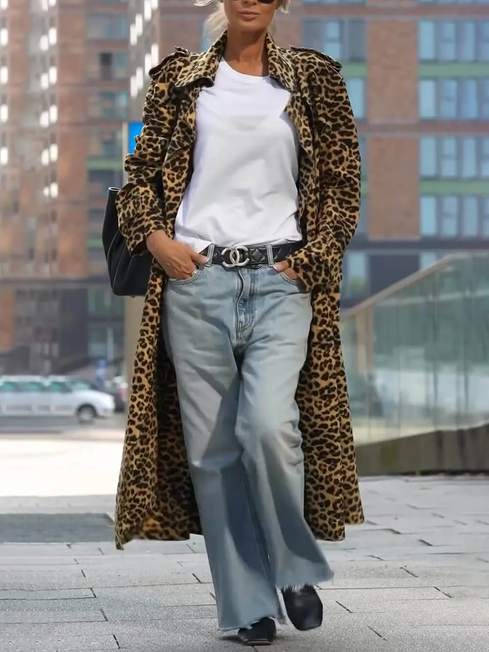 Unique Be Free Leopard Print Long Sleeve Loose Midi Trench Coat