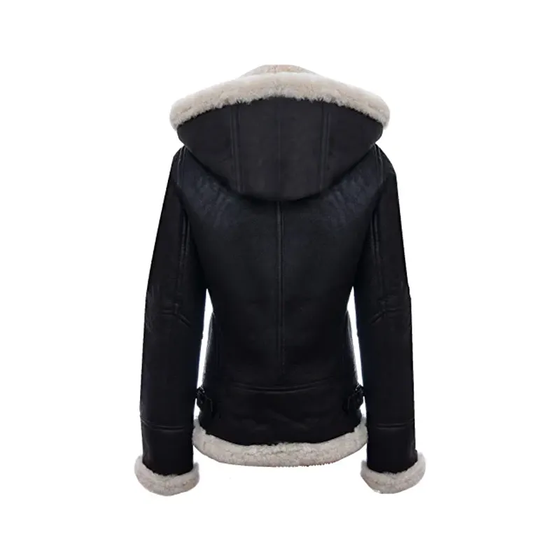 Women Black Jacket RAF Sheepskin Aviator Hooded