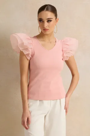 Women Pink Top With Organza Ruffle