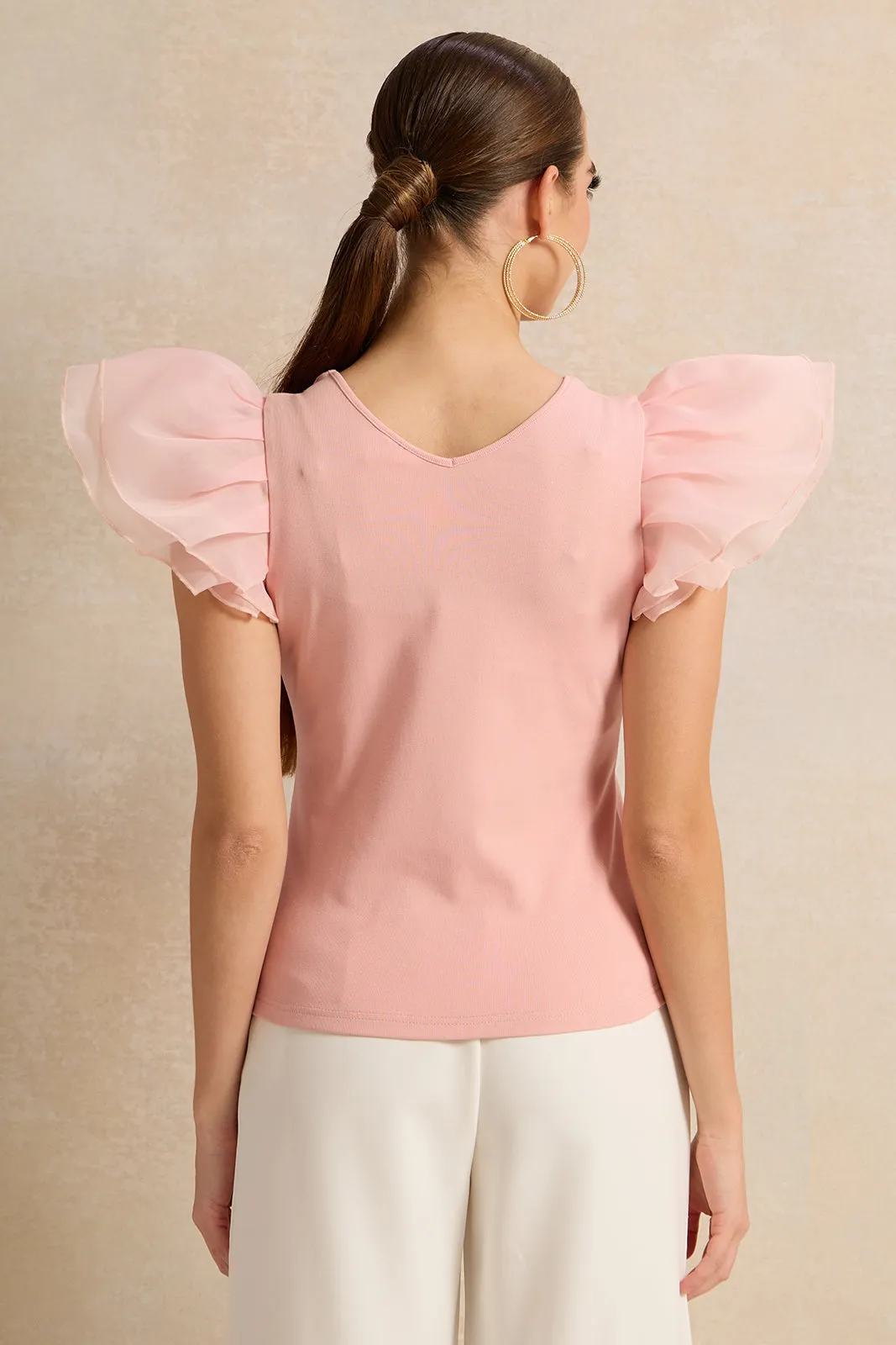 Women Pink Top With Organza Ruffle