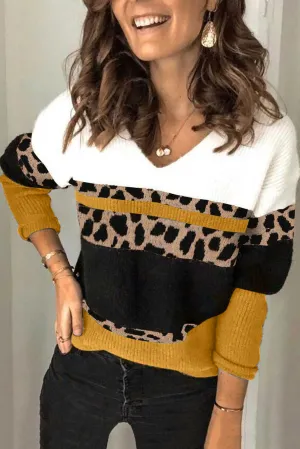 Women's Leopard Print Color Block V Neck Yellow Sweater